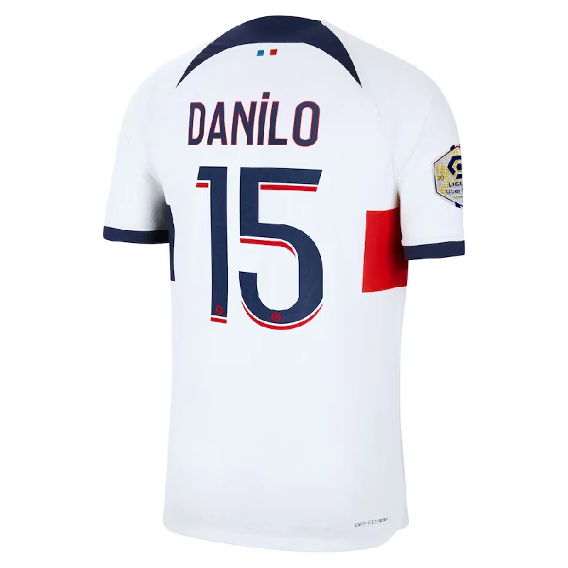 Nike Paris Saint-Germain Authentic Danilo Match Vaporknit Away Jersey w/ Ligue 1 Patch 23/24 (White/Midnight Navy)