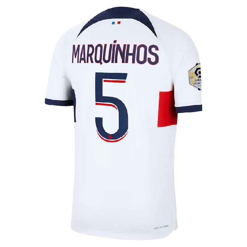 Nike Paris Saint-Germain Authentic Marquinhos Match Vaporknit Away Jersey w/ Ligue 1 Patch 23/24 (White/Midnight Navy)