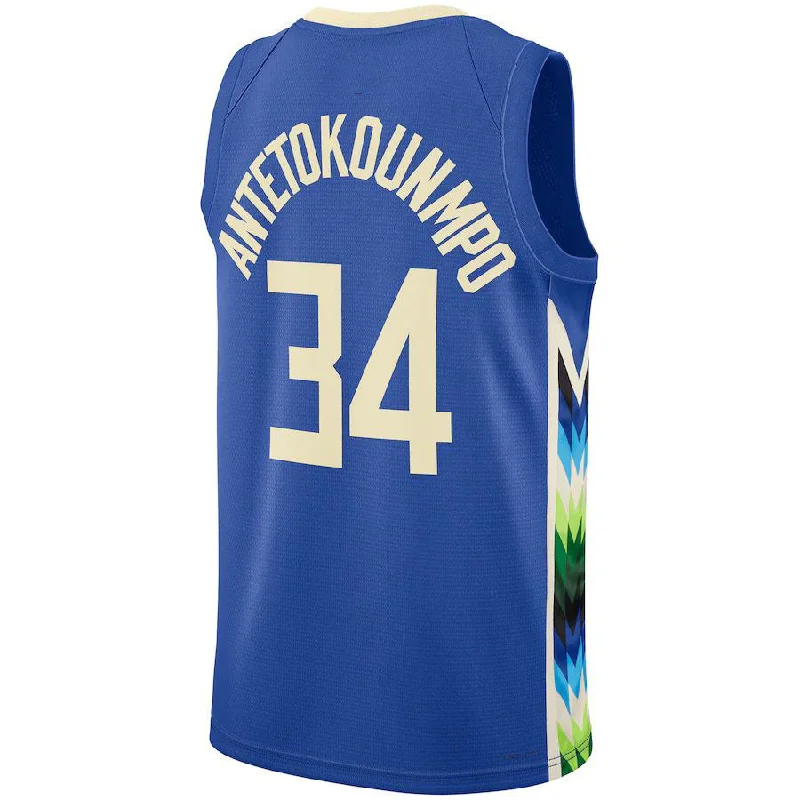 M.Bucks #34 Giannis Antetokounmpo Unisex 2022-23 Swingman Jersey City Edition Royal Stitched American Basketball Jersey