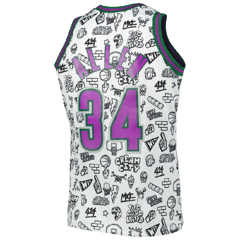 M.Bucks #34 Ray Allen Mitchell & Ness 2000-01 Hardwood Classics Doodle Swingman Jersey White Stitched American Basketball Jersey