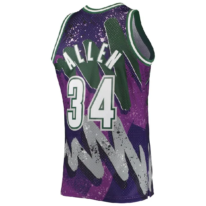 M.Bucks #34 Ray Allen Mitchell & Ness Hardwood Classics 2000-01 Hyper Hoops Swingman Jersey Purple Stitched American Basketball Jersey