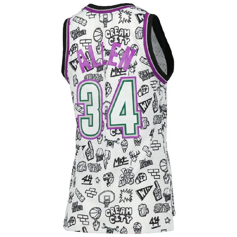 M.Bucks #34 Ray Allen Mitchell & Ness Women's 1996 Doodle Swingman Jersey White Stitched American Basketball Jersey